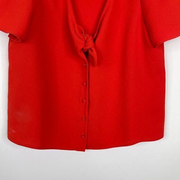 Sezane Size 40 Medium Eloine Blouse Top Red Short Sleeve Tie Button Up V Neck - Picture 4 of 11
